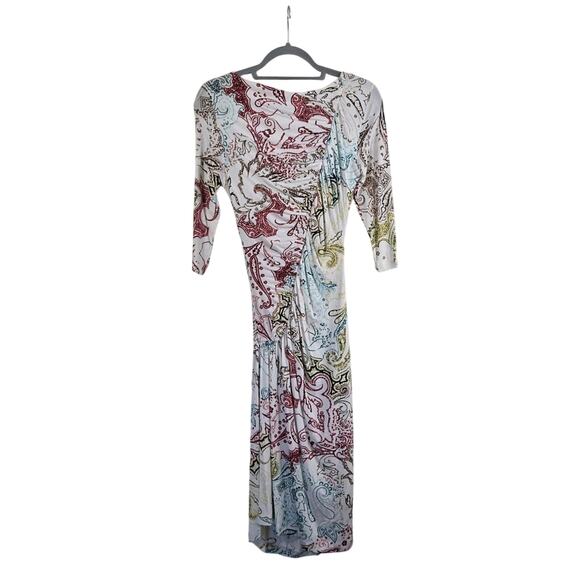 Etro Milano Viscose Jersey Paisley Asymmetrical Ruched Sheath Midi Dress Size 44 - Picture 9 of 13